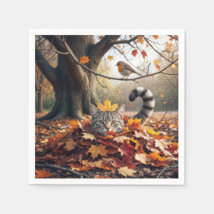 Tabby Cat In a Pile of Autumn Leaves Napkin