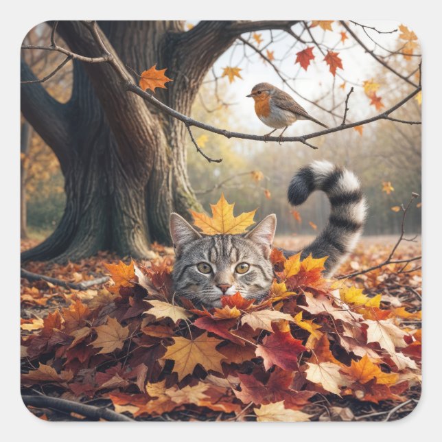 Tabby Cat In a Pile of Autumn Leaves Square Sticker (Front)