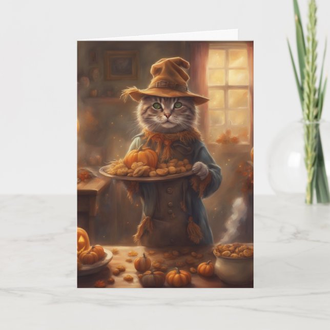 Tabby cat in a scarecrow costume Halloween  Card (Front)