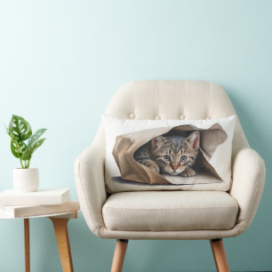 Tabby Cat In Paper Bag Lumbar Cushion