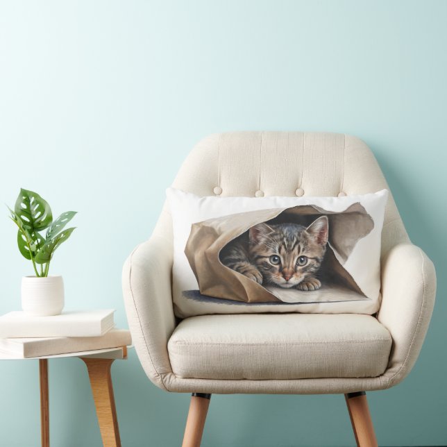 Tabby Cat In Paper Bag  Lumbar Cushion (Chair)