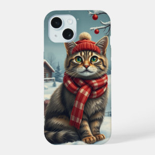 Tabby Cat in Preppy Winter Attire and Hat iPhone 15 Case