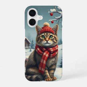 Tabby Cat in Preppy Winter Attire and Hat iPhone 16 Case