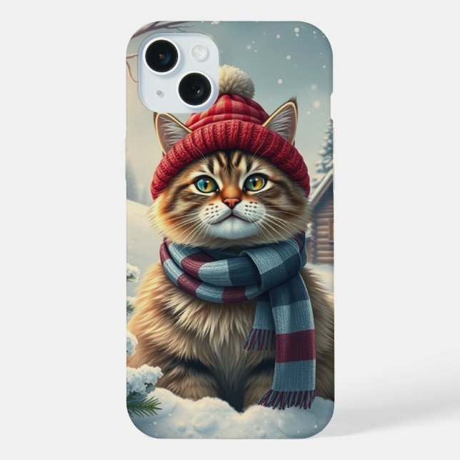 Tabby Cat in Preppy Winter Attire and Hat iPhone Case (Back)