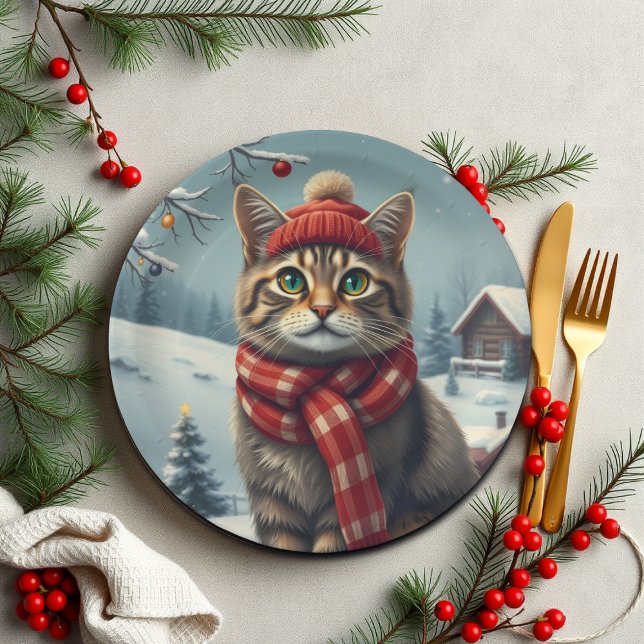 Tabby Cat in Preppy Winter Attire and Hat   Paper Plate (Creator Uploaded)