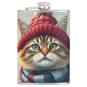 Tabby Cat in Preppy Winter Attire and Hat Winter Hip Flask