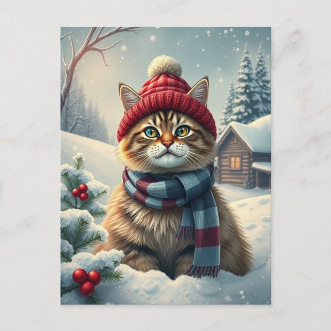 Tabby Cat in Preppy Winter Attire and Hat Winter Holiday Postcard (Front)