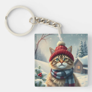 Tabby Cat in Preppy Winter Attire and Hat Winter Key Ring