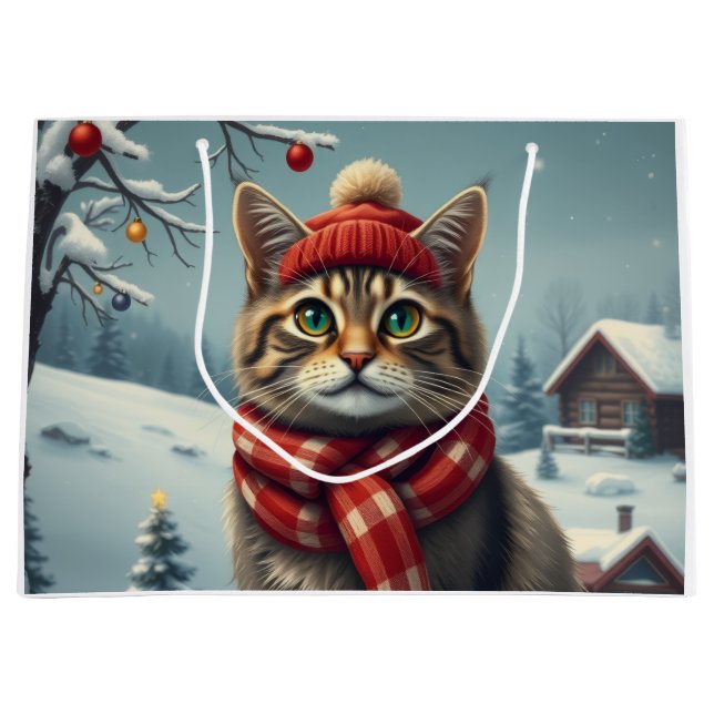 Tabby Cat in Preppy Winter Attire and Hat Winter Large Gift Bag (Front)