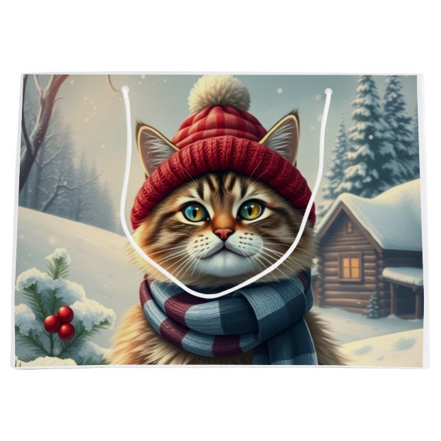 Tabby Cat in Preppy Winter Attire and Hat Winter Large Gift Bag (Front)