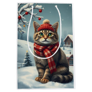 Tabby Cat in Preppy Winter Attire and Hat Winter Medium Gift Bag