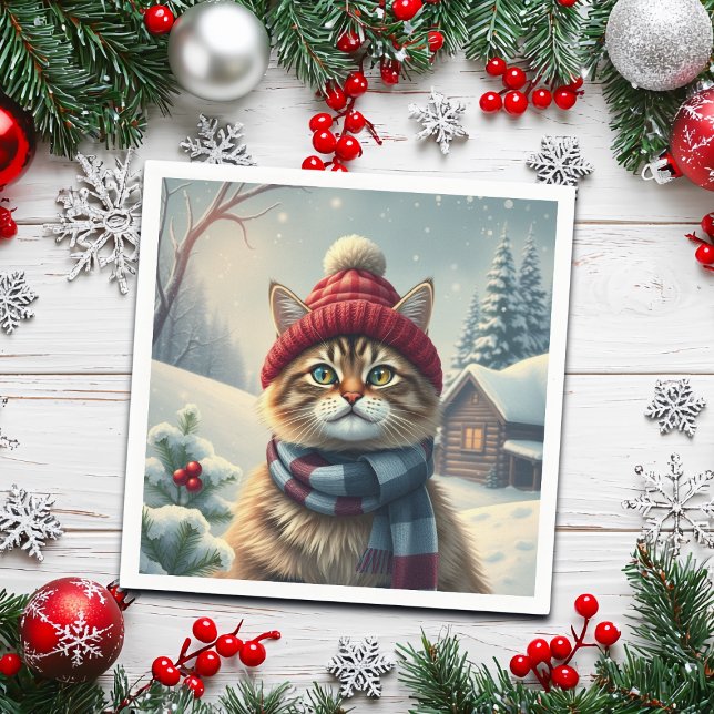 Tabby Cat in Preppy Winter Attire and Hat Winter Napkin (Creator Uploaded)