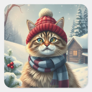 Tabby Cat in Preppy Winter Attire and Hat Winter Square Sticker