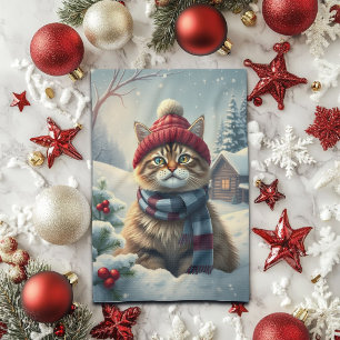 Tabby Cat in Preppy Winter Attire and Hat Winter Tea Towel
