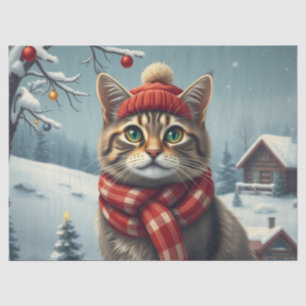 Tabby Cat in Preppy Winter Attire and Hat Winter Tissue Paper
