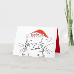 Tabby Cat in red Santa hat Christmas Holiday Card