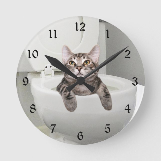 Tabby cat in toilet round clock (Front)