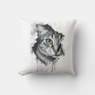 Tabby Cat Ink Portrait with Rainbow Eye Cushion