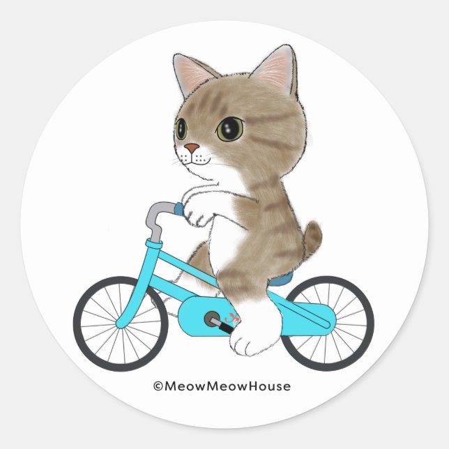 Tabby cat is riding  a bicycle. classic round sticker (Front)