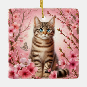 Tabby Cat Japanese Cherry Blossom Flower Kitten Ceramic Ornament