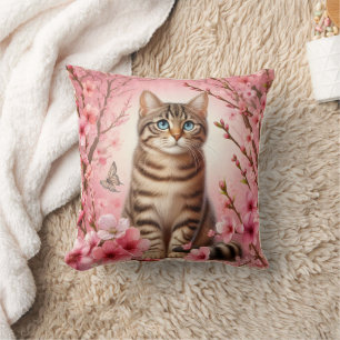 Tabby Cat Japanese Cherry Blossom Flower Kitten Cushion