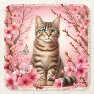 Tabby Cat Japanese Cherry Blossom Flower Kitten Square Paper Coaster