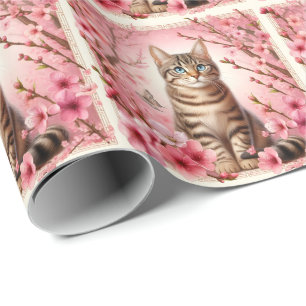 Tabby Cat Japanese Cherry Blossom Flower Kitten Wrapping Paper