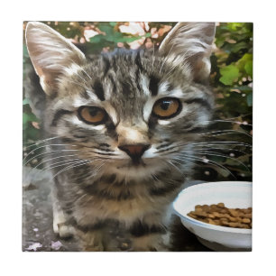 Tabby Cat Kitten Making Eye Contact Ceramic Tile