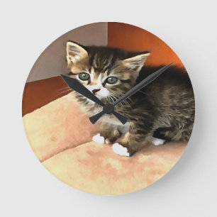 Tabby Cat Kitten Pet Portrait Round Clock