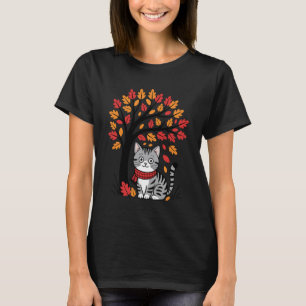 Tabby Cat Leaf Fall Tree Autumn Thanksgiving Kitte T-Shirt
