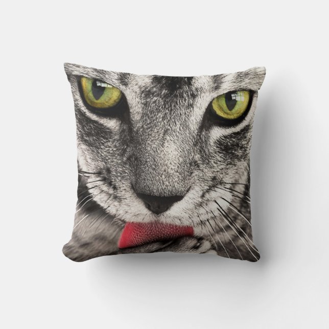 Tabby Cat Licking Paw Cushion (Front)