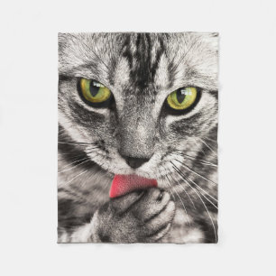 Tabby Cat Licking Paw Fleece Blanket