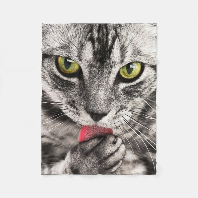 Tabby Cat Licking Paw Fleece Blanket (Front)