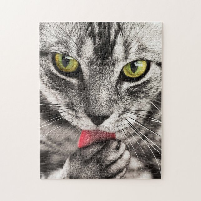Tabby Cat Licking Paw Jigsaw Puzzle (Vertical)