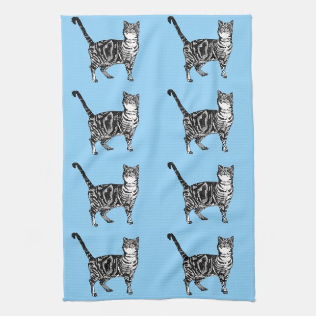 Tabby Cat Light Blue Tea Towel (Vertical)