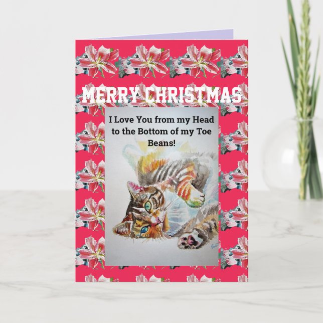 Tabby Cat Love You Toe Beans Art Christmas Card (Front)