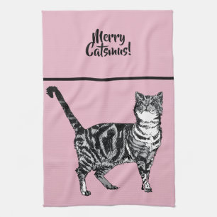 Tabby Cat Merry Catsmus Pink Christmas Cats Tea Towel