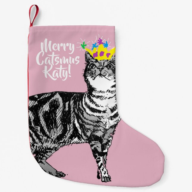 Tabby Cat Merry Catsmus Pink Christmas Stocking (Front)