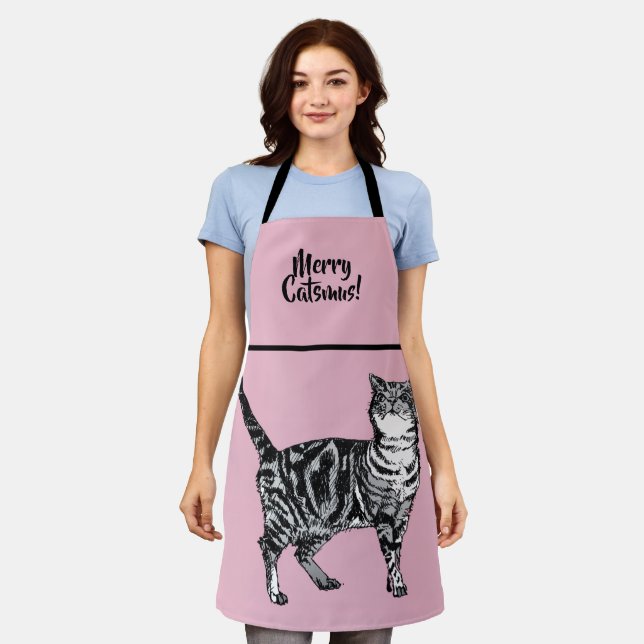 Tabby Cat Merry Catsmus Pink Christmas Stocking Apron (Worn)