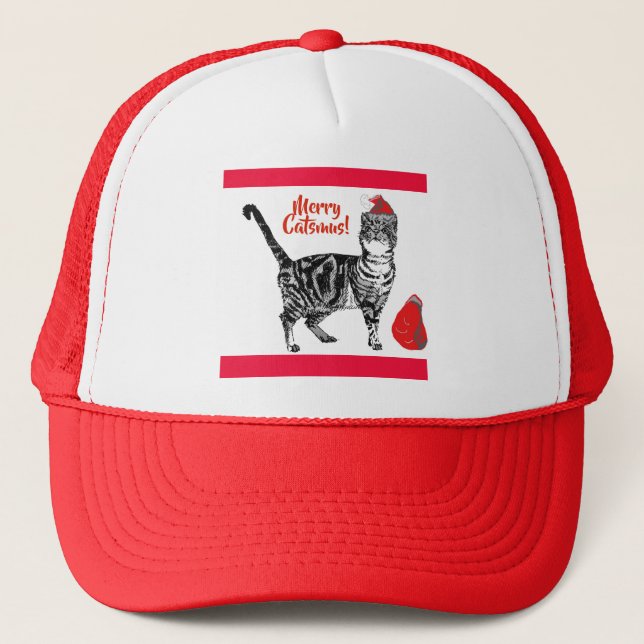 Tabby Cat Merry Christmas Catsmus Red Funny Cats Trucker Hat (Front)
