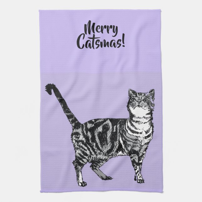 Tabby Cat Merry Christmas Purple Lavender Pastel Tea Towel (Vertical)