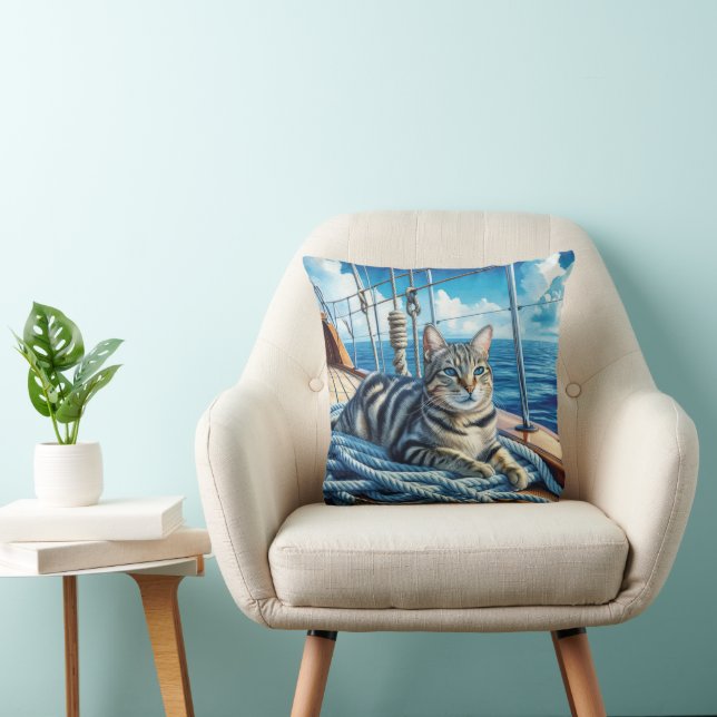 Tabby Cat On Boat Ropes Cushion (Chair)