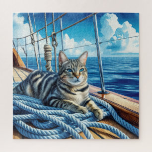 Tabby Cat On Boat Ropes Jigsaw Puzzle