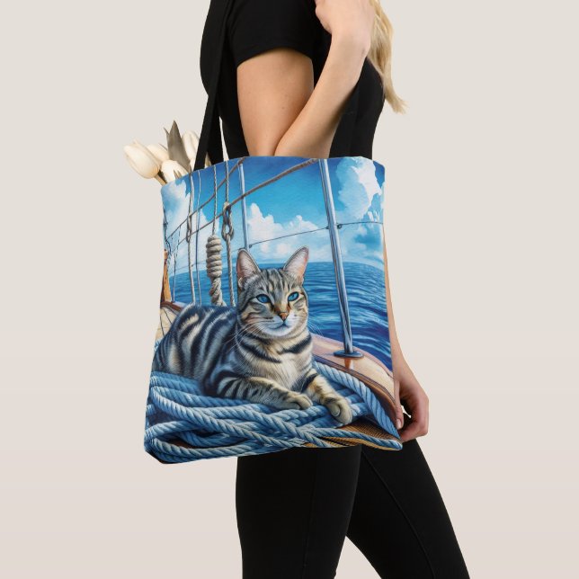 Tabby Cat On Boat Ropes Tote Bag (Close Up)