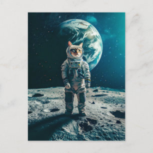 Tabby cat on moon with Earth behind Holiday Postcard