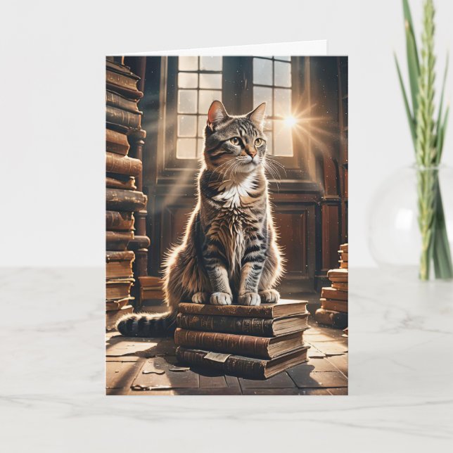 Tabby Cat On Old Books Card (Front)