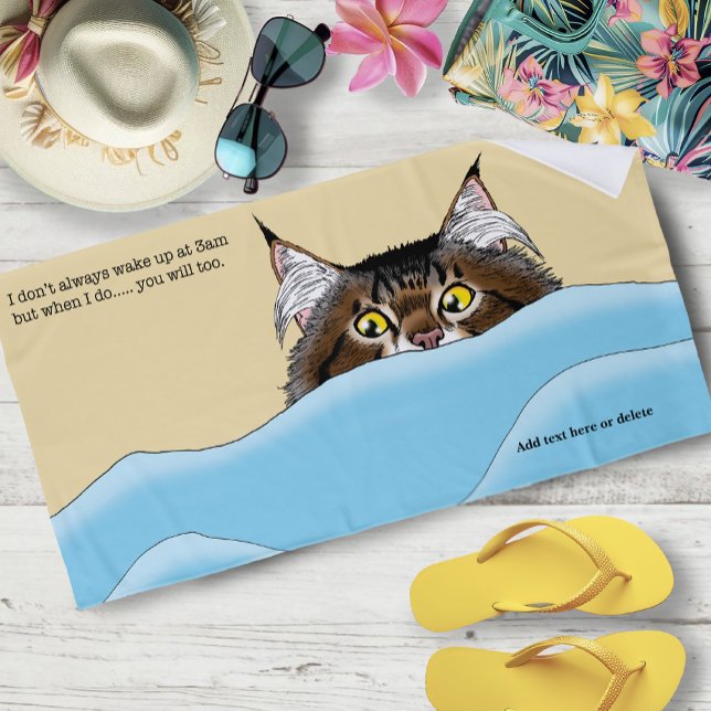 Tabby Cat Peeking Blue Funny Beach Towel (Creator Uploaded)