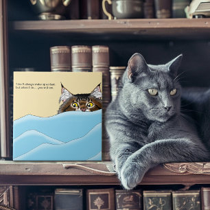 Tabby Cat Peeking Blue Funny Ceramic Tile
