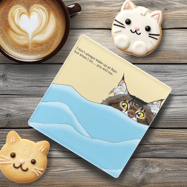 Tabby Cat Peeking Blue Funny Glass Coaster (Creator Uploaded)
