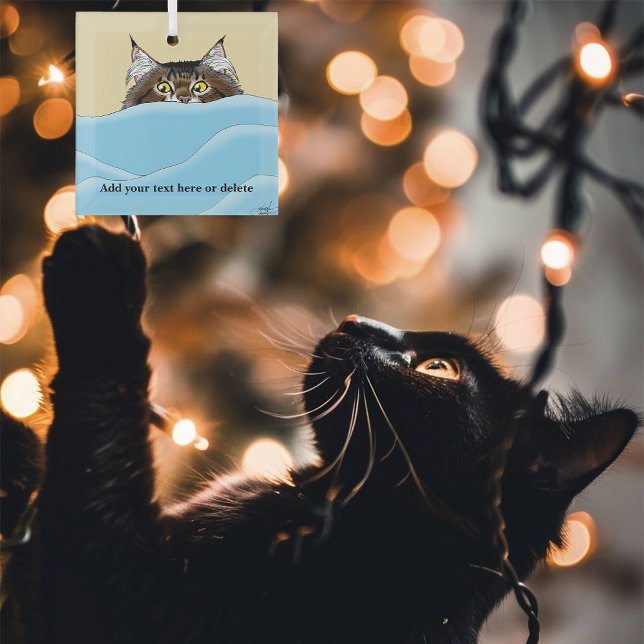 Tabby Cat Peeking Blue Funny Glass Tree Decoration (Creator Uploaded)